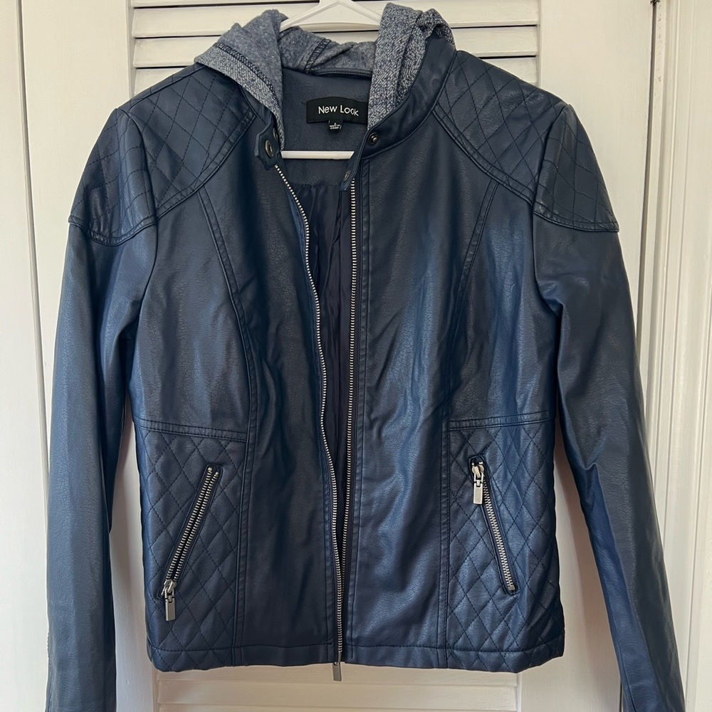 New Look Vegan Leather Navy Hooded Bomber Jacket L